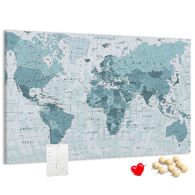 Pizarra de corcho Mapa del mundo en tonos azules.
