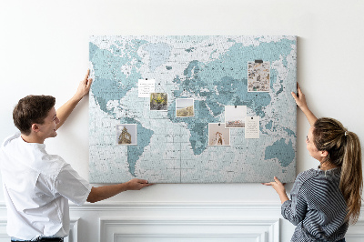 Pizarra de corcho Mapa del mundo en tonos azules.