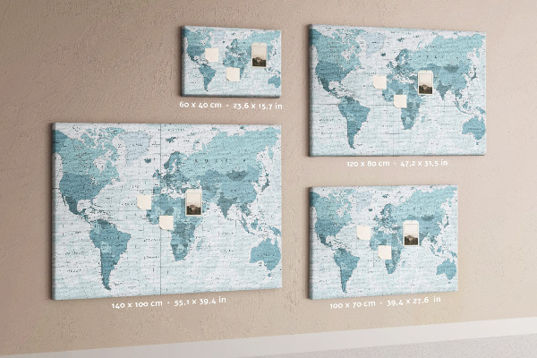 Pizarra de corcho Mapa del mundo en tonos azules.