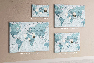 Pizarra de corcho Mapa del mundo en tonos azules.