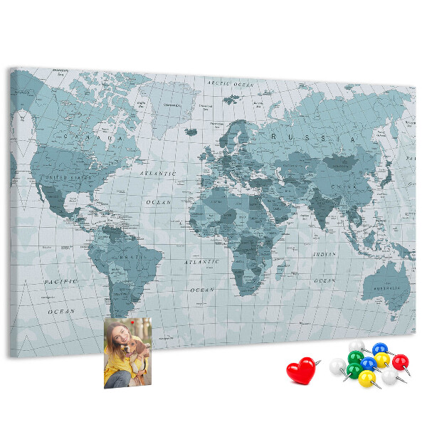 Pizarra de corcho Mapa del mundo en tonos azules.