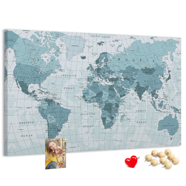 Pizarra de corcho Mapa del mundo en tonos azules.