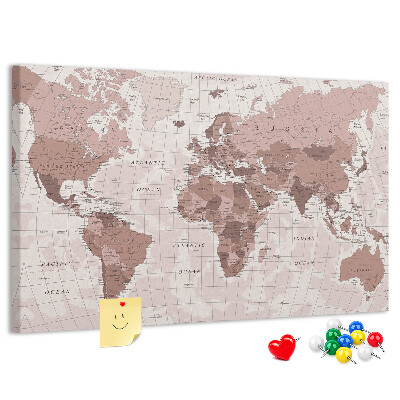Tablero de corcho decorado Un mapamundi en tonos rosas.