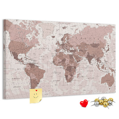 Tablero de corcho decorado Un mapamundi en tonos rosas.