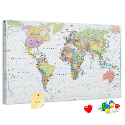 Pizarra de corcho Mapa del mundo con continentes coloreados