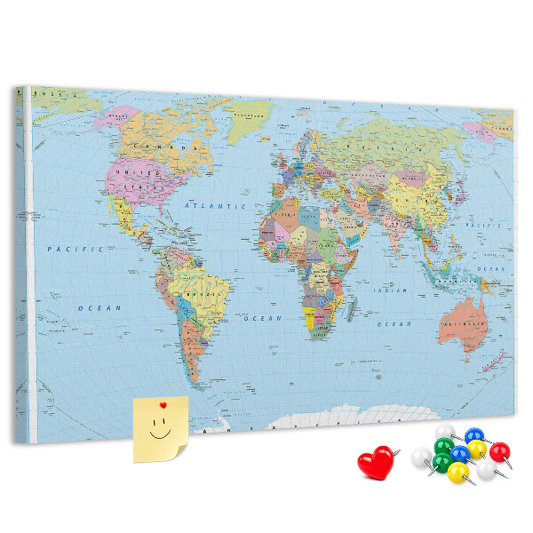 Tablero de corcho decorativo mapa del mundo con continentes coloreados