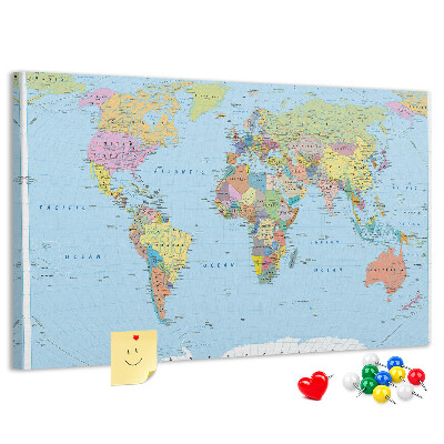 Tablero de corcho decorado Mapa del mundo con los continentes coloreados.