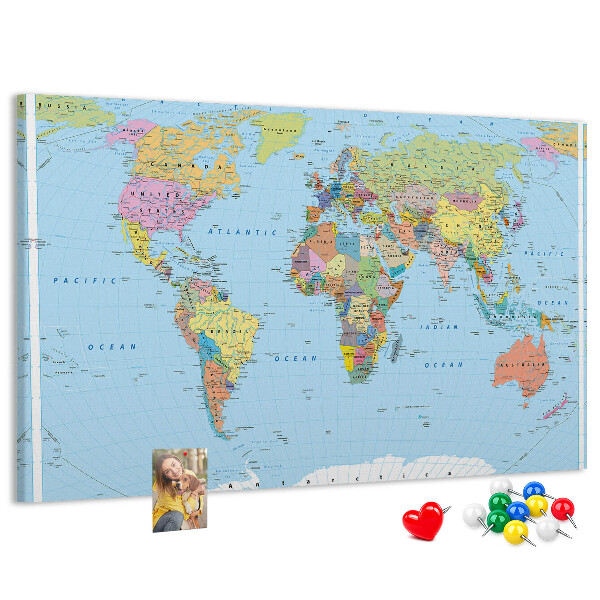 Tablero de corcho decorativo mapa del mundo con continentes coloreados