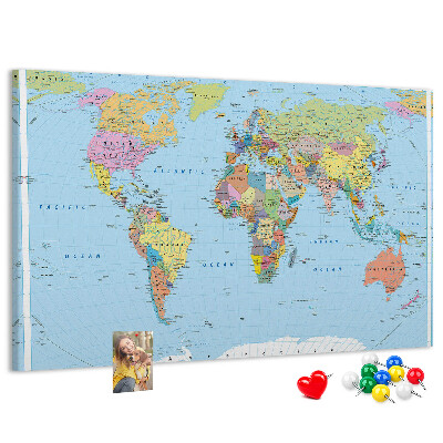 Tablero de corcho decorativo mapa del mundo con continentes coloreados