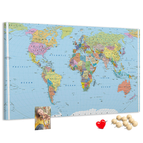 Tablero de corcho decorativo mapa del mundo con continentes coloreados