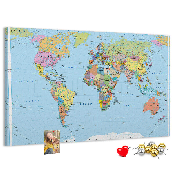 Tablero de corcho decorativo mapa del mundo con continentes coloreados