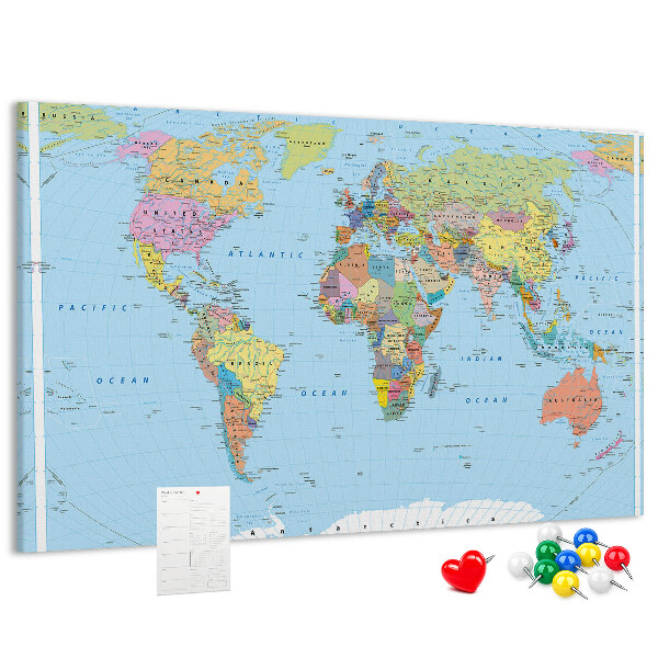 Tablero de corcho decorativo mapa del mundo con continentes coloreados