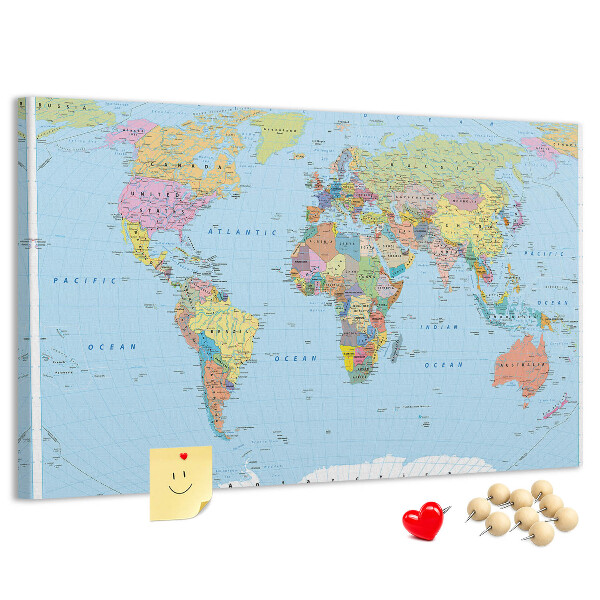 Tablero de corcho decorativo mapa del mundo con continentes coloreados