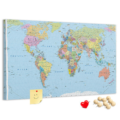 Tablero de corcho decorativo mapa del mundo con continentes coloreados