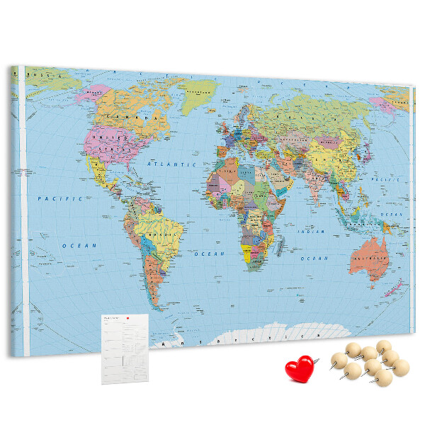 Tablero de corcho decorativo mapa del mundo con continentes coloreados