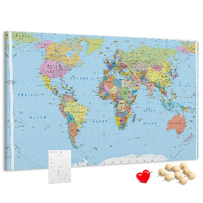 Tablero de corcho decorativo mapa del mundo con continentes coloreados