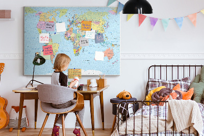 Tablero de corcho decorativo mapa del mundo con continentes coloreados