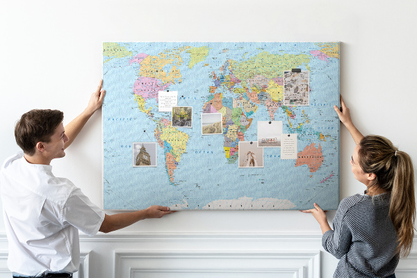 Tablero de corcho decorativo mapa del mundo con continentes coloreados