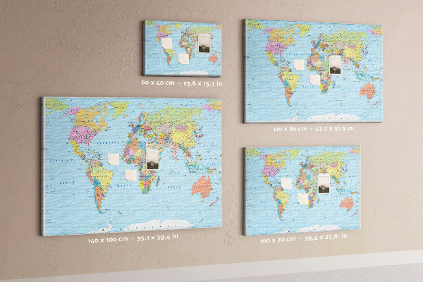 Tablero de corcho decorativo mapa del mundo con continentes coloreados