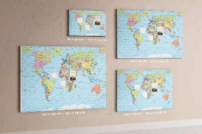 Tablero de corcho decorativo mapa del mundo con continentes coloreados