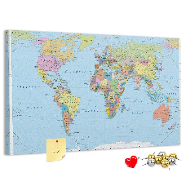 Tablero de corcho decorativo mapa del mundo con continentes coloreados
