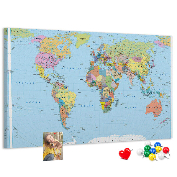 Tablero de corcho decorativo mapa del mundo con continentes coloreados