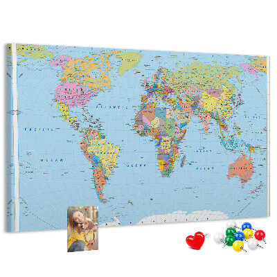 Tablero de corcho decorativo mapa del mundo con continentes coloreados