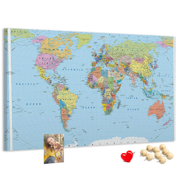 Tablero de corcho decorativo mapa del mundo con continentes coloreados