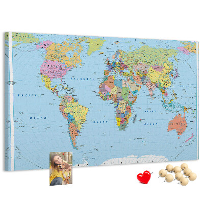 Tablero de corcho decorativo mapa del mundo con continentes coloreados