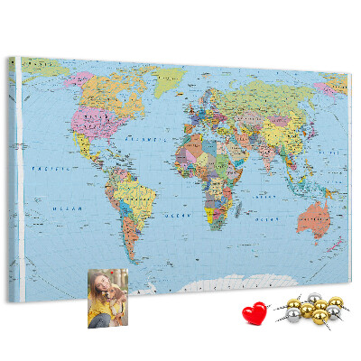 Tablero de corcho decorativo mapa del mundo con continentes coloreados