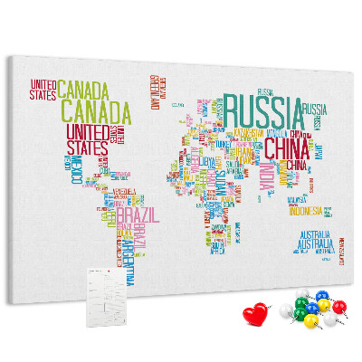 Tablero de anuncios Mapa del mundo con los nombres de los países en colores.