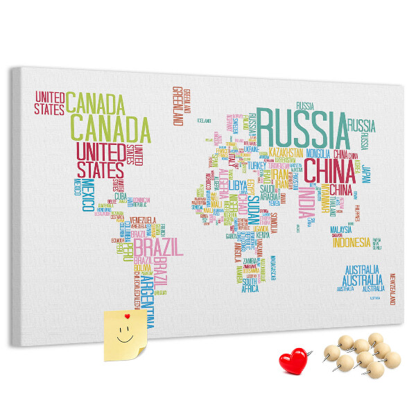 Tablero de anuncios Mapa del mundo con los nombres de los países en colores.