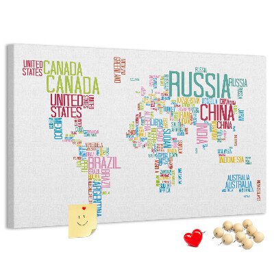 Tablero de anuncios Mapa del mundo con los nombres de los países en colores.