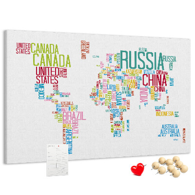 Tablero de anuncios Mapa del mundo con los nombres de los países en colores.