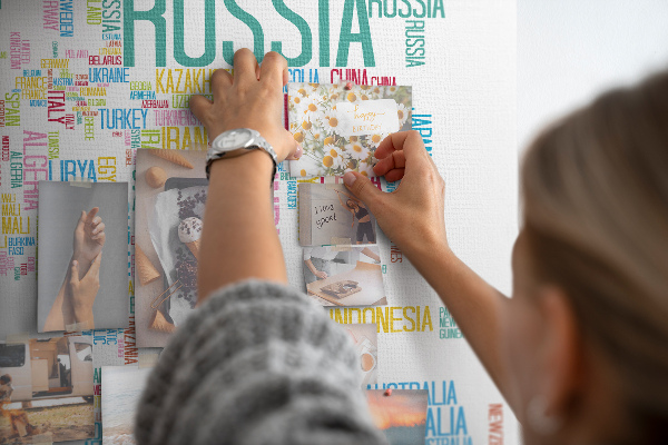 Tablero de anuncios Mapa del mundo con los nombres de los países en colores.