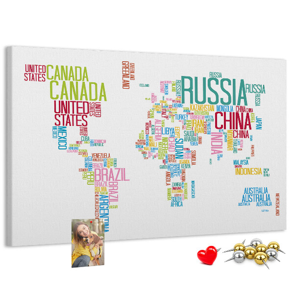 Tablero de anuncios Mapa del mundo con los nombres de los países en colores.