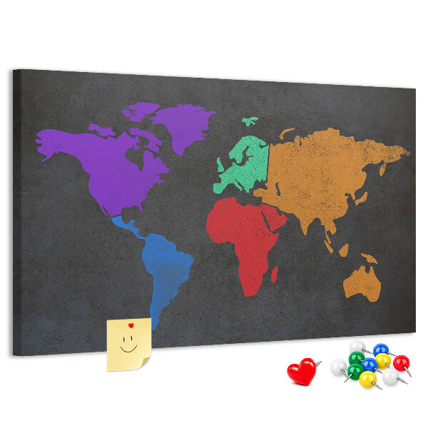 Pizarra de corcho mapa del mundo colorido sobre fondo oscuro
