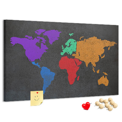 Pizarra de corcho mapa del mundo colorido sobre fondo oscuro
