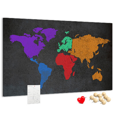 Pizarra de corcho mapa del mundo colorido sobre fondo oscuro