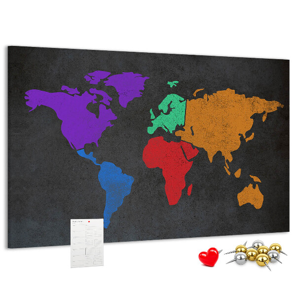 Pizarra de corcho mapa del mundo colorido sobre fondo oscuro