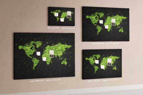 Tablero de anuncios mapa del mundo verde sobre fondo negro