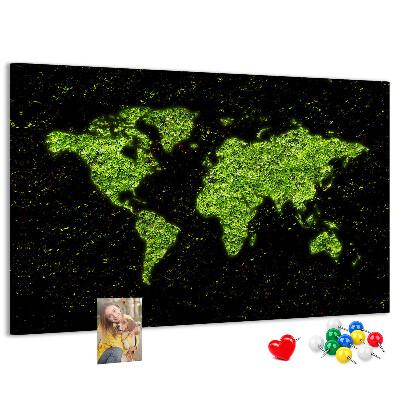 Tablero de anuncios mapa del mundo verde sobre fondo negro