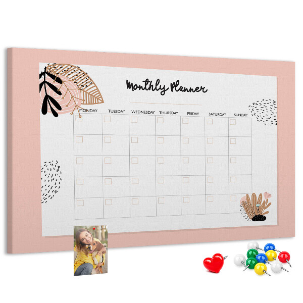Agenda mensual con diseño de tablero de anuncios y detalles florales