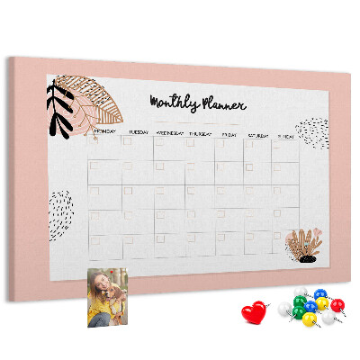 Agenda mensual con diseño de tablero de anuncios y detalles florales