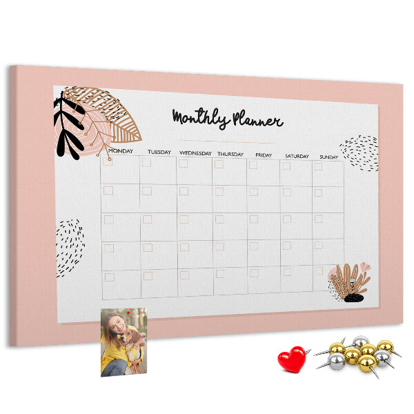 Agenda mensual con diseño de tablero de anuncios y detalles florales