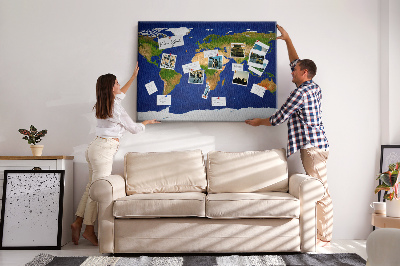 Tablero de corcho decorativo mapamundi con alfileres de colores