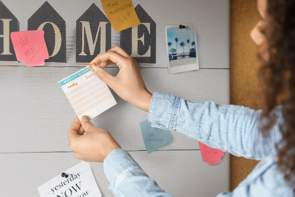 Tablero de corcho decorativo con letras elegantes sobre fondo de madera
