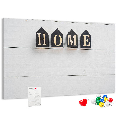 Tablero de corcho decorativo con letras elegantes sobre fondo de madera