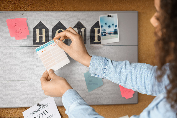 Tablero de corcho decorativo con letras elegantes sobre fondo de madera