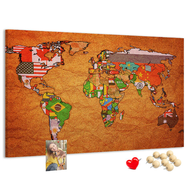 Tablero de anuncios mapa del mundo con banderas de países
